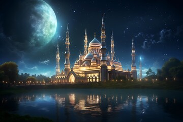 a beautiful mosque at night time