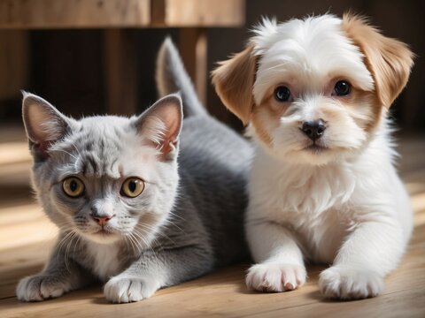 Cat and Dog Pets Play Side by Side, Gazing Together