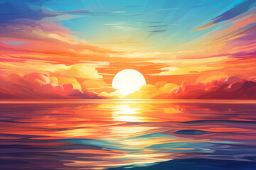 Contemporary, abstract rendering of a sunrise over the ocean.