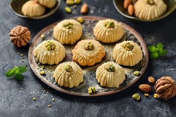 Fototapeta premium Desserts Eid al-Fitr, Eid al Adha Kahk (Eid Cookies) Arabic filled Pistachio or nut, Ramadan