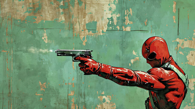 Super hero in red suit holding gun over green background
