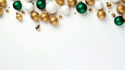 Capture the Magic of Christmas Decorations: Gold and Green Ornaments, Confetti, and Pine Branches in Elegant Composition on White Background - Festive Joy and Seasonal Delight!