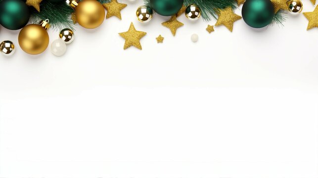 Capture the Magic of Christmas Decorations: Gold and Green Ornaments, Confetti, and Pine Branches in Elegant Composition on White Background - Festive Joy and Seasonal Delight!
