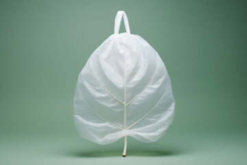 A minimalistic design showing a plastic bag evolving into a leaf, symbolizing change.