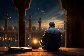 a Muslim reciting Quran at mosque in Ramadan