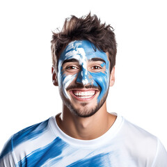 front view of a handsome man with his face painted with a Argentina flag colors smiling isolated on a white transparent background 