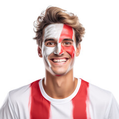 front view of a handsome man with his face painted with a Austria flag colors smiling isolated on a white transparent background 