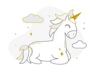 Unicorn in boho style sits among the clouds and stars. Adorable character for invitations, nursery decor, children's books, fashion, baby shower, birthday, clothing prints