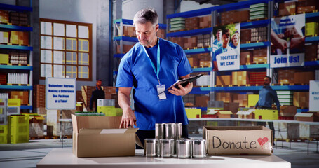 Fototapeta na wymiar Food Bank Humanitarian Aid In Donation Boxes