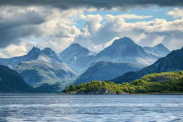 Tableaux ronds sur aluminium brossé Canada Norway Nordland Austnesfjorden coastline with mountains