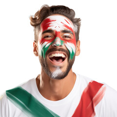 front view of a handsome man with his face painted with a Bulgaria flag colors smiling isolated on a white transparent background 
