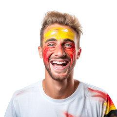front view of a handsome man with his face painted with a Germany flag colors smiling isolated on a white transparent background 