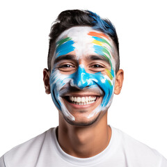 front view of a handsome man with his face painted with a Guatemala flag colors smiling isolated on a white transparent background 