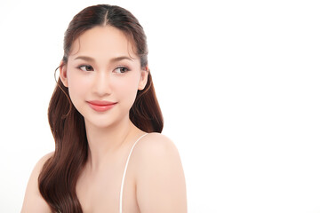 Beautiful young asian woman with clean fresh skin on white background, Face care, Facial treatment, Cosmetology, beauty and spa, Asian women portrait.