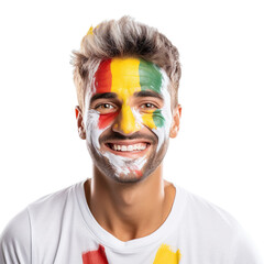 front view of a handsome man with his face painted with a Holy See flag colors smiling isolated on a white transparent background 