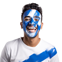 front view of a handsome man with his face painted with a Honduras flag colors smiling isolated on a white transparent background 