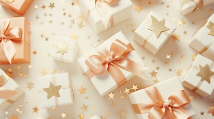 Captivating Christmas Gift Ideas: Artisanal Boxes, Chic Ribbon Bows, Orange & Gold Baubles, Shiny Stars, Snowflake Decor, Confetti on a Gentle Pastel Surface - Vertical Top View Image