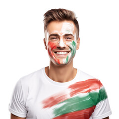 front view of a handsome man with his face painted with a Hungary flag colors smiling isolated on a white transparent background 