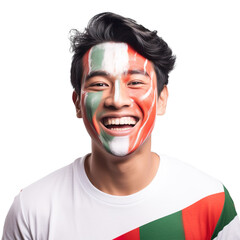 front view of a handsome man with his face painted with a Indonesia flag colors smiling isolated on a white transparent background 