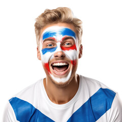 front view of a handsome man with his face painted with a Iceland flag colors smiling isolated on a white transparent background 