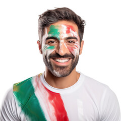 front view of a handsome man with his face painted with a Iran flag colors smiling isolated on a white transparent background 