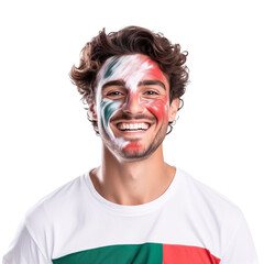 front view of a handsome man with his face painted with a Italian flag colors smiling isolated on a white transparent background 