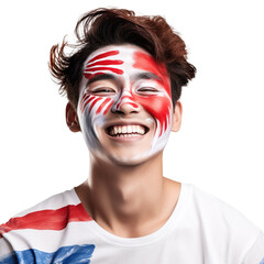 front view of a handsome man with his face painted with a Japan flag colors smiling isolated on a white transparent background 