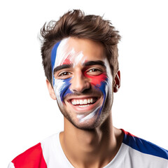 front view of a handsome man with his face painted with a Liechtenstein flag colors smiling isolated on a white transparent background 
