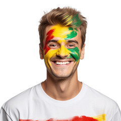 front view of a handsome man with his face painted with a Lithuania flag colors smiling isolated on a white transparent background 