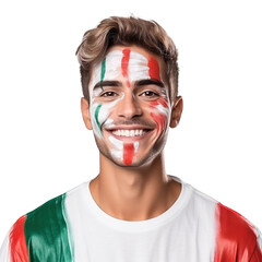 front view of a handsome man with his face painted with a Mexican flag colors smiling isolated on a white transparent background 