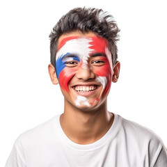 front view of a handsome man with his face painted with a Nepal flag colors smiling isolated on a white transparent background 