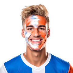 front view of a handsome man with his face painted with a Netherlands flag colors smiling isolated on a white transparent background 