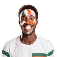 front view of a handsome man with his face painted with a Niger  flag colors smiling isolated on a white transparent background 