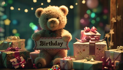 Teddy bear holding a "Happy Birthday" banner, standing next to a pile of beautifully wrapped gifts,
