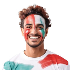 front view of a handsome man with his face painted with a Oman flag colors smiling isolated on a white transparent background 