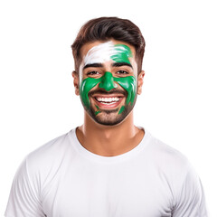front view of a handsome man with his face painted with a Pakistan flag colors smiling isolated on a white transparent background 