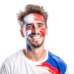 front view of a handsome man with his face painted with a Panama flag colors smiling isolated on a white transparent background 