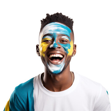 front view of a handsome man with his face painted with a Rwanda flag colors smiling isolated on a white transparent background 