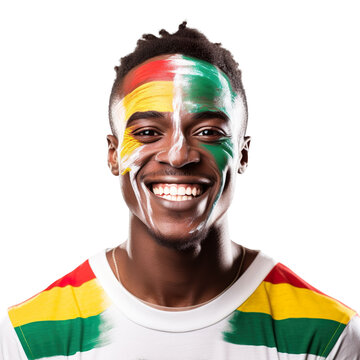 front view of a handsome man with his face painted with a Sao Tome & Principe flag colors smiling isolated on a white transparent background 