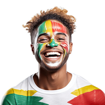front view of a handsome man with his face painted with a Seychelles flag colors smiling isolated on a white transparent background 