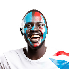 front view of a handsome man with his face painted with a South Sudan flag colors smiling isolated on a white transparent background 