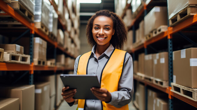 Smiling young woman wearing a high-visibility vest on blurred background of a warehouse. Copy space