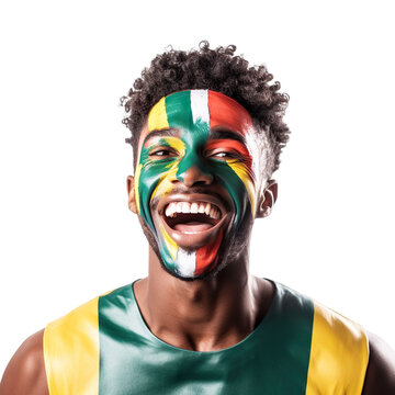 front view of a handsome man with his face painted with a South Africa  flag colors smiling isolated on a white transparent background 