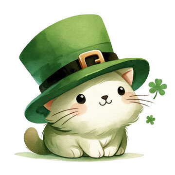 Cat with a hat. St. Patrick Day. A series of stickers.Celebration of St. Patrick. Good luck