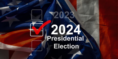 Presidential Election 2024 text on a mini chalkboard over a vintage background with part of the...