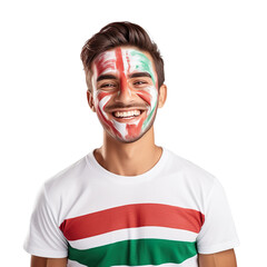 front view of a handsome man with his face painted with a Tajikistan flag colors smiling isolated on a white transparent background 