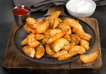 Baked potato with spices, herbs and ketchup on a plate