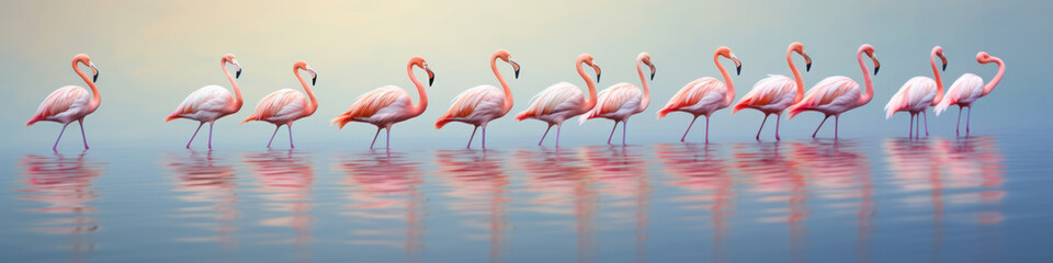 Flamingos wading in a row through shallow waters,  their graceful necks and pink plumage creating a serene tableau