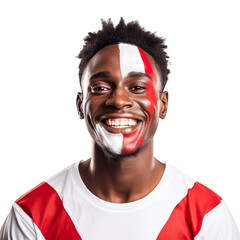 front view of a handsome man with his face painted with a Trinidad and Tobago flag colors smiling isolated on a white transparent background 