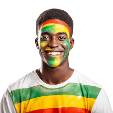 front view of a handsome man with his face painted with a Togo flag colors smiling isolated on a white transparent background 